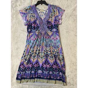 One World Petite XL Boho Dress Multicolor Embellished V-Neck Short Sleeve